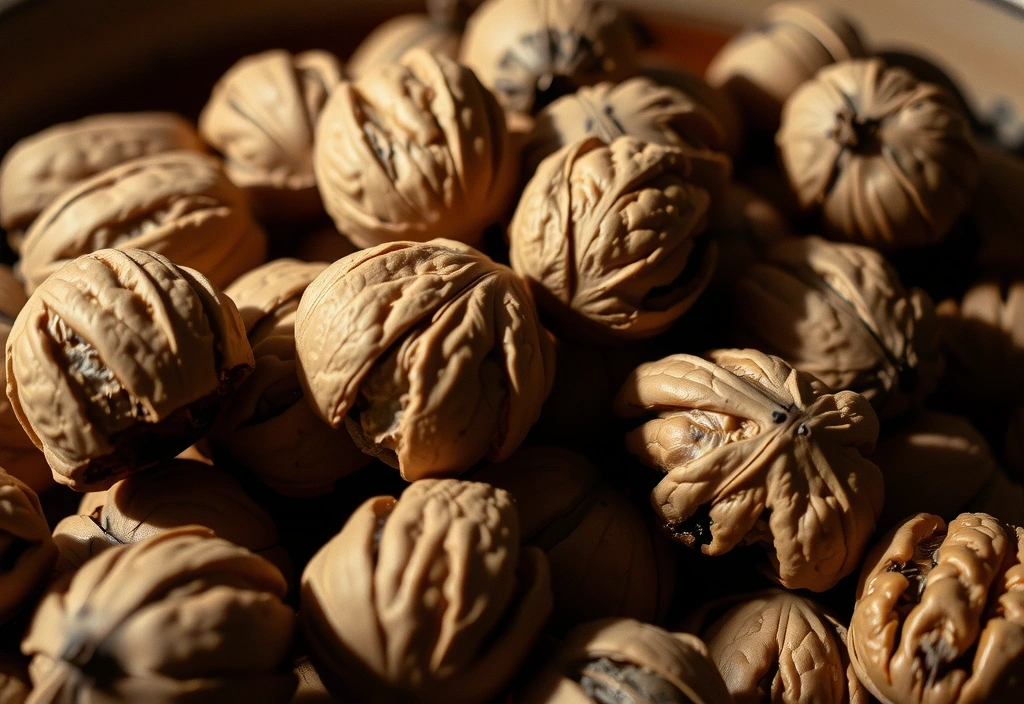 A textured pile of walnuts