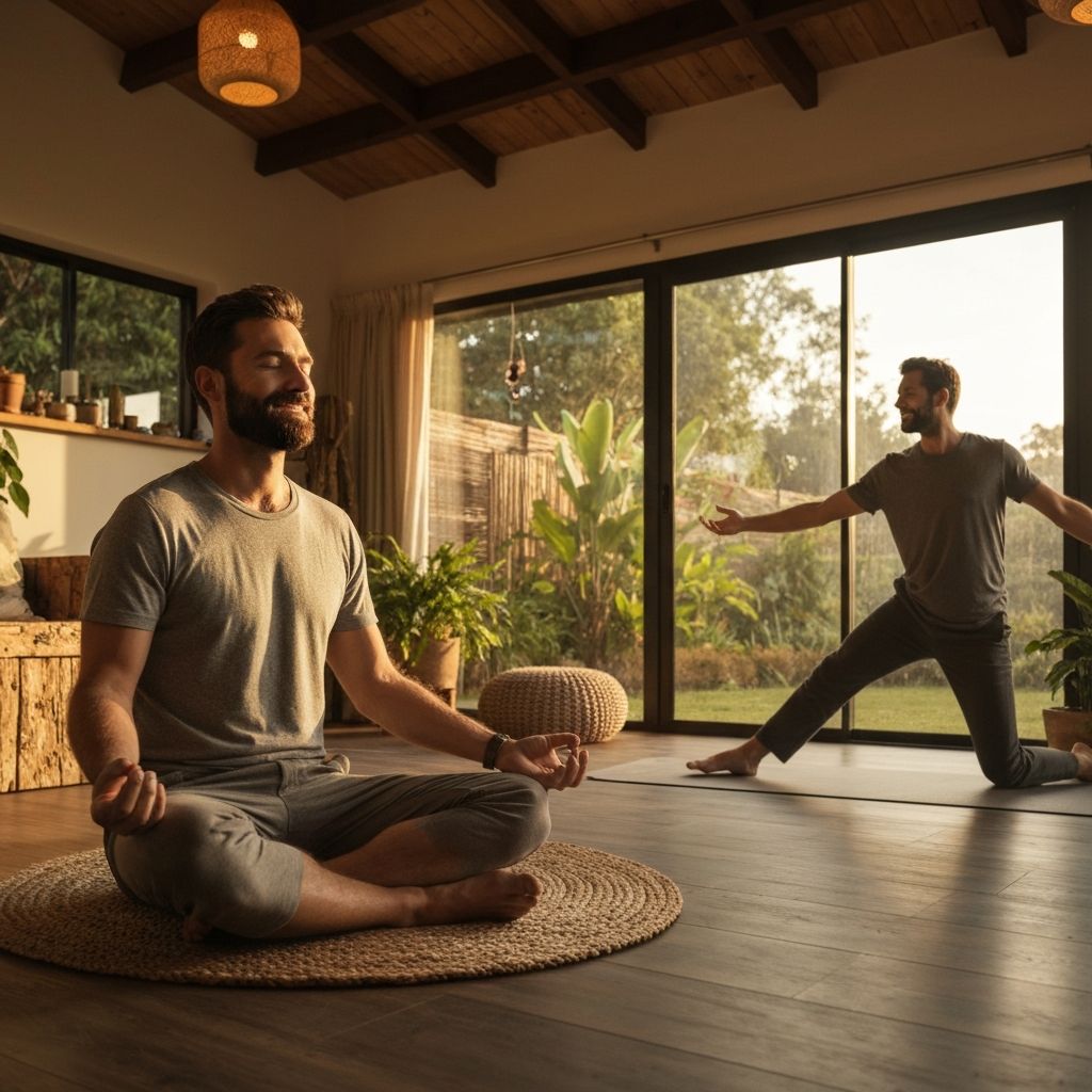 Man in contemplative moment during daily life in natural home setting with warm directional light, integrating wellness practices