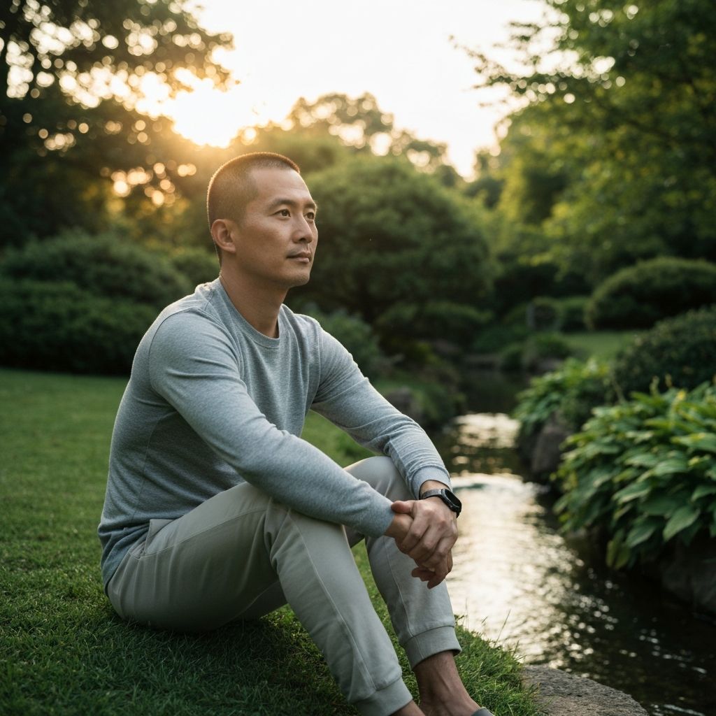 Serene moment of man in peaceful contemplation in natural garden setting with soft warm light at golden hour