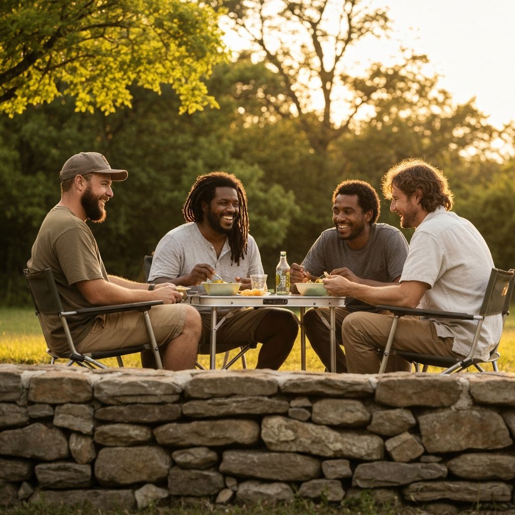 Group of diverse men sharing healthy meal and conversation in outdoor setting with warm golden hour lighting and natural atmosphere